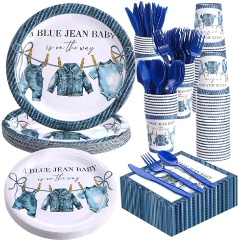 LemonRoad 175 Pcs a Blue Jean Baby Is on the Way Baby Shower Tableware Set Serve 25 Gender Reveal Newborn Party Denim Themed Disposable Dinnerware, 9" 7" Plates, 9oz Cups, Napkins, Blue Cutlery by Unknown