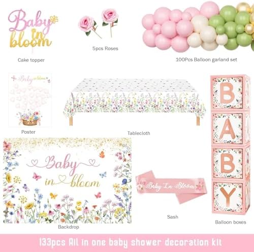 Baby in Bloom Baby Shower Decorations, Baby Shower Decorations for Girl, Flower Themed Backdrop Balloon Box Tablecloth Cake Topper Sash for Floral Baby Shower Decorations for Girl Pink Green - Image 2