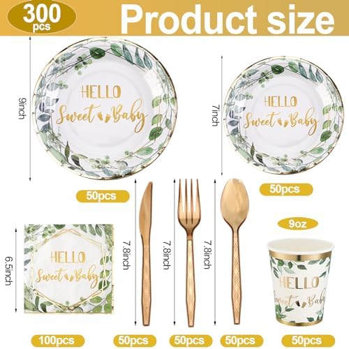 400 Pcs Baby Gender Reveal Plates and Cups and Napkins Sets with Forks Spoon Party Supplies Baby Shower Paper Tableware Gender Reveal Decorations Disposable Cutlery, Serves 50(Green White,Hello Sweet) - Image 4