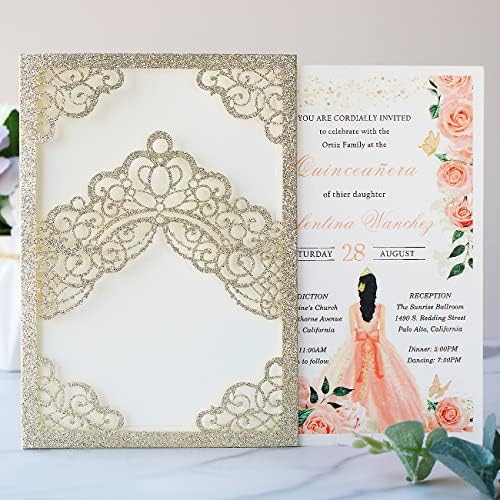 Hosmsua 50PCS 5.1x7.3 Inch Blank Champagne Glitter Quinceanera Invitations Kit Laser Cut Floral Crown Pocket Quinceanera Invitation Cards with Envelopes for Birthday Bridal Shower Quince Invite - Image 4