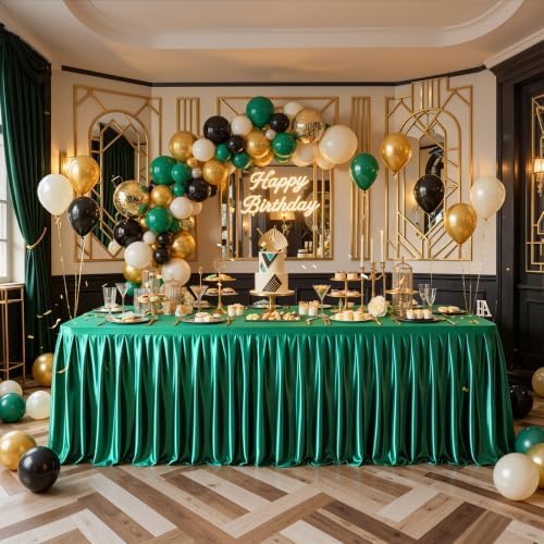 1 Pack Green Satin Tablecloths Rectangle 8FT, Glitter Spandex Fitted Stretch Table Covers Wrinkle-Free Floor Length Shimmer Table Skirt for Weddings Parties Baby Shower Banquets Vendor Events by Partisky