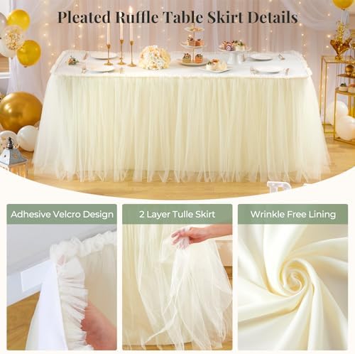 9FT Long Champagne Tulle Table Skirt for Rectangle Round Tables 3-Layer Ruffle Desk Teacher Skirt for Back to School Supplies Princess Girls Birthday Party Cake Dessert Classroom Dorm Decor - Image 5