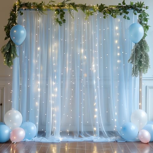 20×10ft Blue Tulle Backdrop Curtain with Lights String for Parties, Sheer Photo Backdrop Curtains for Wedding Party Photography Background - Image 2