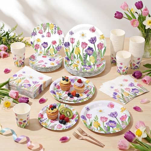 Funnymoom 250 Pcs Tulip Floral Paper Plates and Napkins Cups for Tea Party - Image 4