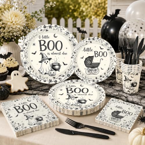 144 Pcs A Little Boo Is Almost Due Baby Shower Plates and Napkins Cups Party Supplies Disposable Vintage Little Boo Tableware Set for Halloween Baby Shower Decorations - Image 2
