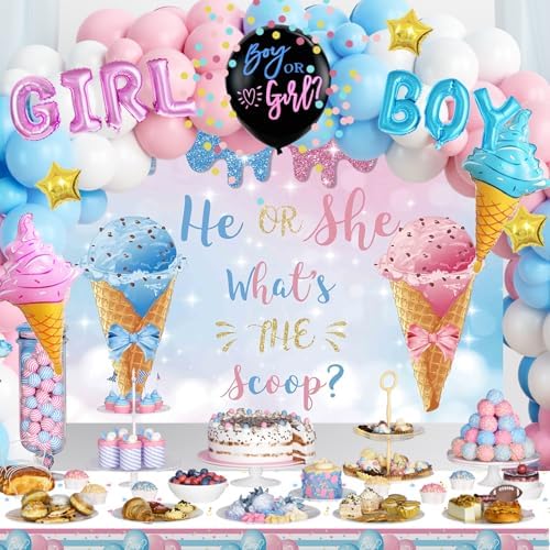 Whats The Scoop Gender Reveal Decorations, Ice Cream Boy or Girl Party Supplies, Pink and Blue Backdrop Banner Balloon Tablecloth Plate Napkin Cup Straw Knife Spoon Fork Sash 230 PCs - Image 7