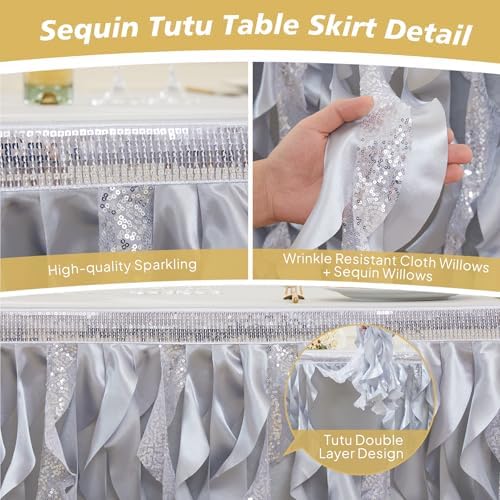 Wish Care 17ft Silver Sequin Table Skirt for Rectangle Tables Glitter Fringe Tutu Skirts Ruffle Tablecloth Teacher Desk Skirt for Wedding Birthday Baby Shower Theme Party Banquet Table Decorations - Image 4