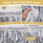 Wish Care 21ft Silver Sequin Table Skirt for Rectangle Tables Glitter Fringe Tutu Skirts Ruffle Tablecloth Teacher Desk Skirt for School Classroom Office Wedding Birthday Party Table Decorations - Image 4