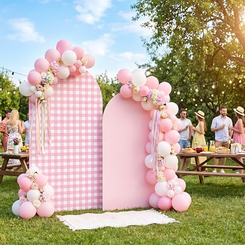 Tegeme 2 Set Gingham Arch Backdrop Cover 7.2ft 6.6ft Arch Cover, Pink - Image 4