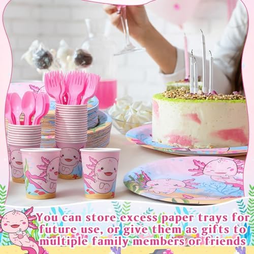 Funnymoom 400 Pcs Axolotl Birthday Party Supplies for 50 Guests Pink Cartoon Axolotl Paper Plates and Napkins Knives Spoon Fork Cup Disposable Reptile Animals Dinner Sets for Baby Shower Party - Image 4