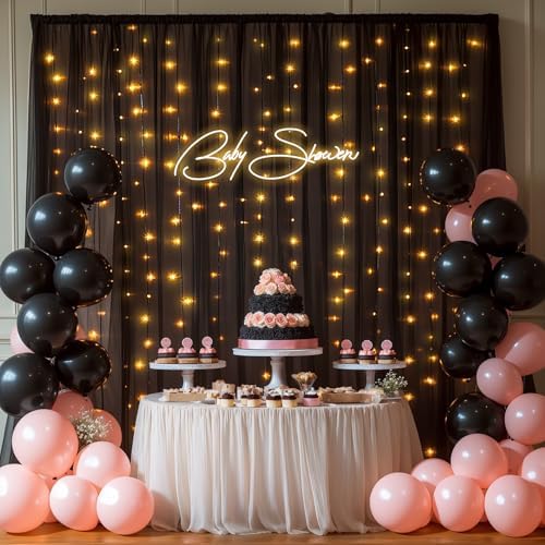 10x10ft Black Tulle Backdrop Curtains with Lights String for Parties, Wrinkle Free Shiny Sheer Curtain Wedding Photo Backdop Drapes for Baby Shower Birthday Party Photography Home Decorations - Image 4