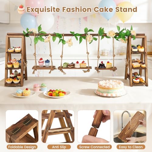 3 Tier Wooden Cupcake Stand with Swing & Flower Decor for Cake Fruit Snack - Image 3