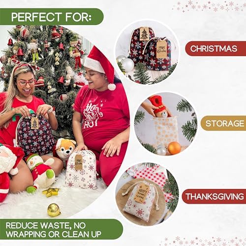 12 Pack Reusable Christmas gift bags with 15 gift tags. Gift sacks. Fabric drawstring holiday gift bags in assorted sizes. Xmas bags for presents, parties & stocking stuffers. (CE3) - Image 6