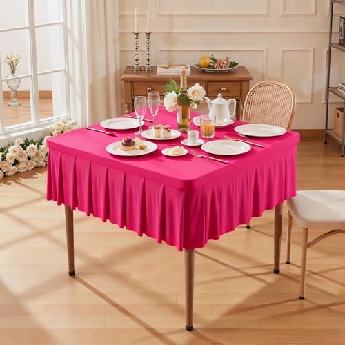 2 Pack Hot Pink Spandex Tablecloths for 34x34 Inch Square Tables, Stretch Fitted Table Clothes with Pleated Ruffle Skirt for 34” Table, Wrinkle Free and Elastic, for Party Kitchen Home Dining - Image 2