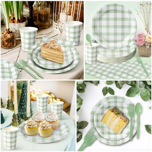 Vyntra 350-Pc Sage Green Gingham Paper Plates and Napkins Party Supplies - Image 3