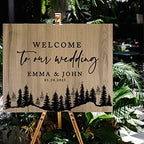 Andaz Press Large Wooden Welcome Sign for Wedding, Rustic Welcome Sign 16" x 20" Custom Names Pine Trees Woodland Wedding Signage English Oak MDF Wood Finish Wedding Reception Indoor Outdoor Signs - Image 4