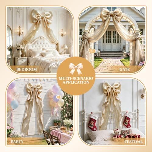 Big Bow Coquette Room Decor, 16x85 Inch Large Christmas Bows for Birthday Decorations, Christmas Tree Topper, Girl Room Decor, Bachelorette, Wedding, Baby Shower, Front Door, Wreath (Khaki) - Image 5