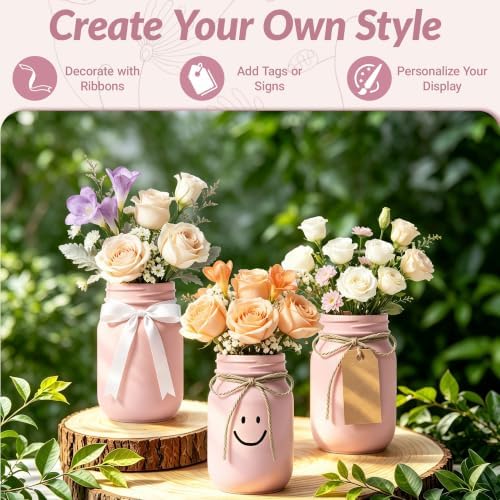 12 PCS 16oz Glass Mason Jars Flower Vases for Centerpieces, Pink - Image 4