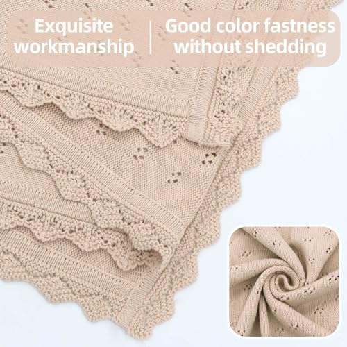 LifeTree Knit Baby Blanket & Hat, 100% Cotton Soft Swaddle & Receiving Blanket for Toddler, Lightweight & Breathable Newborn Blanket Unisex for Crib, Stroller, 31X40 Inches, Shower Registry Gift,Khaki - Image 3
