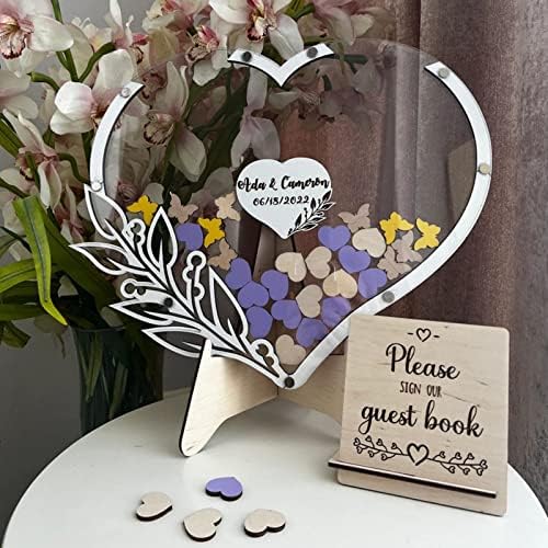 Personalized Wedding Wooden Guest Book: Creative Acrylic Custom Name Alternative Inserts Box DIY Custom Rustic Wedding Heart Drop Guest Book for Graduation Anniversary Wedding Decor (Flower Butterfly) by Drawelry