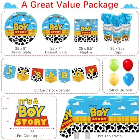 Boy Story Baby Shower Decorations, 25 Guests Includes Cardstock Plates Tableware | Tablecloth | Banner | Balloons | Cake Topper for It’s a Boy Story Baby Shower Themed Party Decorations (Pack of 3) - Image 4
