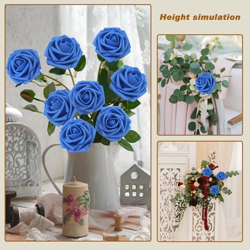 100Pcs Royal Blue Artificial Flowers Realistic Roses, Real Looking Fake Roses with Stem for DIY Wedding Bouquets Centerpieces Bridal Shower Party Home Romantic Decorations (Blue, 100pcs) - Image 4
