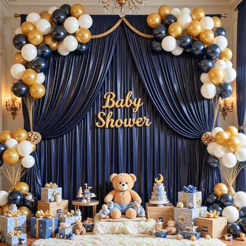 Navy Blue Satin Backdrop Curtains 4 Panels - Glitter Photo Drapes for Baby Shower, 20x10FT Shimmer Back Drop Cloth, Wrinkle Free for Birthday Party Prom Wedding Stage Background - Image 3