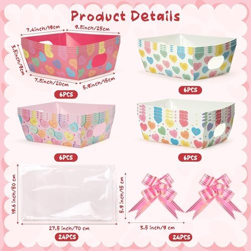 OSNIE Sweet Candy Heart Empty Gifts Baskets with Cellophane Bags and Ribbons Bows, 24 Set Colorful Tray Cardboard Gift Baskets for Romantic Things to Fill Wedding Birthday Anniversary Decor - Image 2