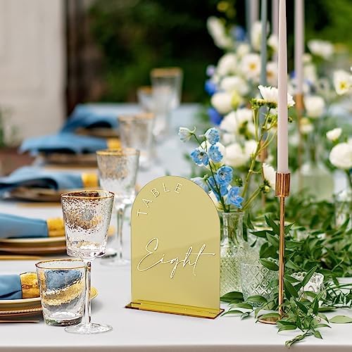 Gold Mirror Arch Wedding Table Numbers 1-25 with Stands, 5x7 Inch Acrylic Arch Sign with Holder, Gold Mirror Arched Acrylic Table Numbers for Wedding Reception(1-25, 5"x7") - Image 6