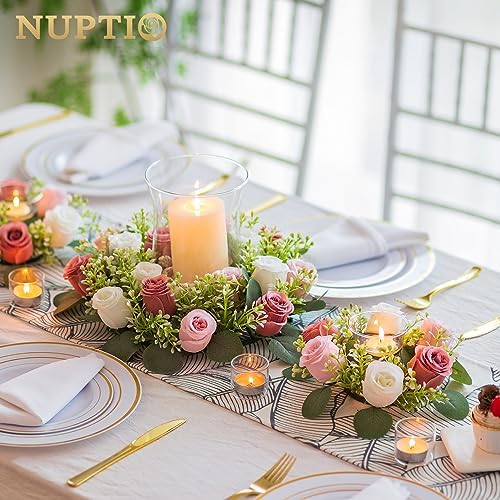 NUPTIO Flower Wedding Centerpieces for Tables: 10 Pcs 14 inch Diam Large Dusty Rose & White Artificial Flowers Fake Roses Candle Rings Wreaths Spring Summer Wreath for Front Door Weddings Party - Image 2