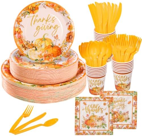 Goodluck 350 Pcs Pumpkin Floral Paper Plates Napkins Cups Cutlery Party Set by GoodLuck