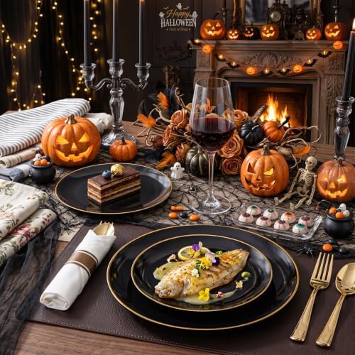 KIRE 175Pcs Black Plates Disposable - Heavy Duty Black and Gold Plastic Plates- 25 for Dinner 25 for Dessert 25 Pre Rolled Gold Silverware and 25 Cups for Party/Wedding/Father's Day/Halloween - Image 3