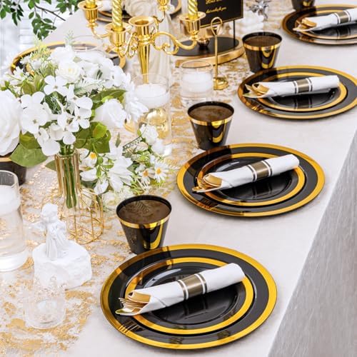 YOUBET 350PCS Black and Gold Plastic Plates for Party Wedding - Image 4