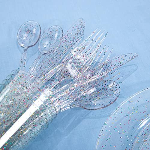 Rubtlamp 180PCS Glitter Plastic Plates with Glitter Disposable Silverware, Clear Glitter Plates for 30 Guests Include 30Dinner Platos, 30Dessert Platos, 90Cutlerys, 30Cups for Party (Pack of 2) - Image 2