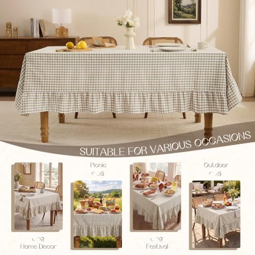 Romanstile Gingham Ruffled Tablecloth Rectangle, 60 x 120 Inch, Taupe - Image 6