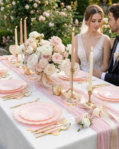 351 PcsPink Scalloped Plastic Plates Dinnerware Set for 50 Guests - Image 3