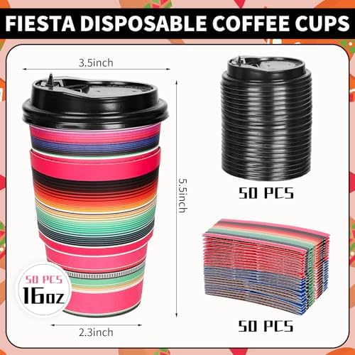 Whaline 50 Sets Mexican Serape Fiesta Disposable Coffee Cups with Lids and Sleeves Mexican Carnival Themed Rainbow Colors Striped Paper Drinking Cups for Cinco De Mayo Birthday Party Supplies - Image 2