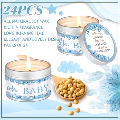 MTLEE Flowers 24 Pcs Baby Shower Party Favors Candles Lavender Scented Baby Shower Favors for Guests Rustic Tealights Candles Gender Reveal Return Gifts(Blue, 1.2 oz) - Image 3