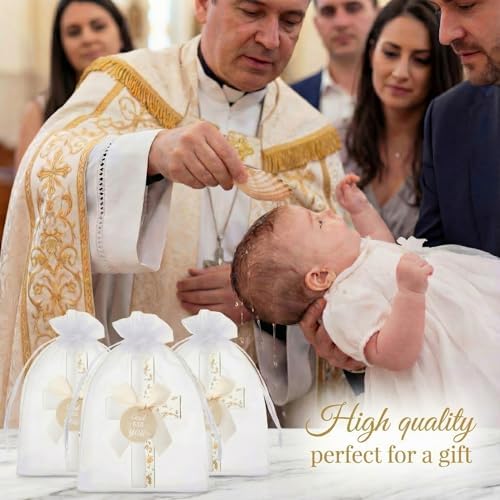 Ripeng 24 Sets Baptism Favors for Guests Bulk First Communion Favors Cross Fridge Magnets Gold Foil Cross with Bow God Bless You Tag Bags Mi Bautizo Recuerdos for Birthday Wedding Church(White) - Image 4