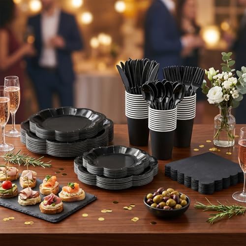 Vyntra Black Paper Plates, Cups & Napkins, 350 Pcs Scalloped Party Set - Image 5