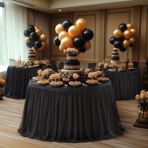 HB HBB MAGIC Black Round Tablecloths 60 inch Stretchy Elastic Fitted Round Table Cloths Round Cover 120 inch, Black Round Tulle Tablecloth Tulle Table Cloth with Skirt for Wedding Birthday Party - Image 2