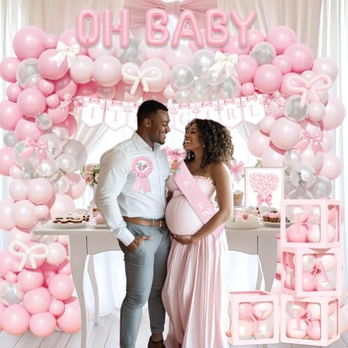Party Inspo Pink Bow Baby Shower Decorations - 132 PCs Coquette Baby Shower Supplies with Balloon Garland, Backdrop, Cake Topper, Tablecloth, Boxes, Badge, Sash for Girls Pink Themed Party - Image 6