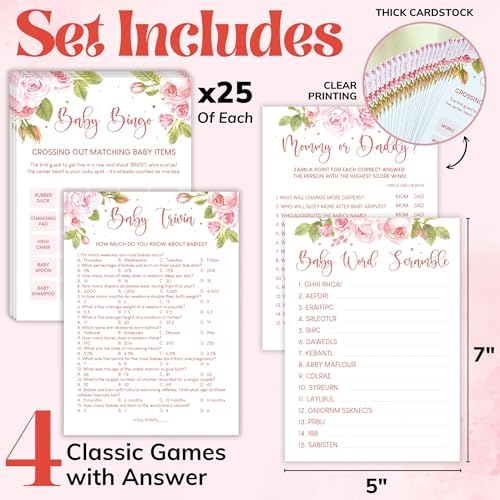 WOODAMORE Funny Baby Shower Games for Girl - Baby Shower Bingo Game Girl, Babies Showers Word Scramble, Floral Babies Showers Activities for 25 Guests, Trivia Mommy Or Daddy Game for Decor (Pack of 3) - Image 2