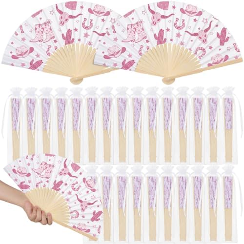 25 Pcs Western Cowgirl Folding Paper Fans Bulk with Organza Bag by Memorywuu