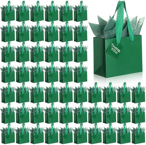 Qilery 50 Pcs Wedding Paper Gift Bags Bulk with Tissue Paper Small Gift Bags with Handle and Tags for Birthday Wedding 4th of July Party Business(Green,4.7 x 2.4 x 3.9'') by Qilery