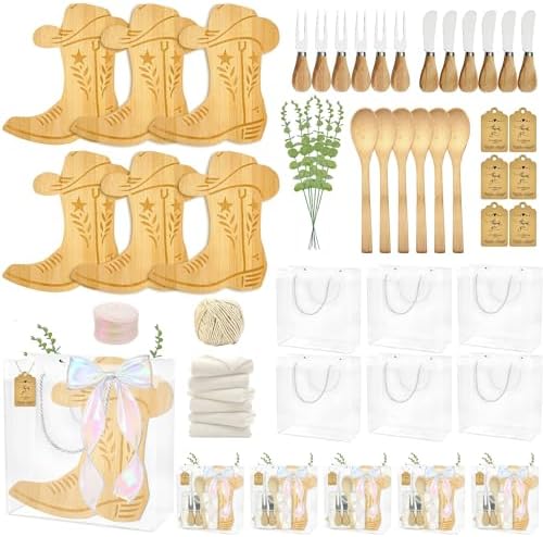 50 Pcs Western Party Decoration Gifts Baby Shower Prizes for Game Winners Sets of 6 Boot Cheese Board with Forks Gift Bag Cowgirl Cowboy Birthday Favors for Guests Boots or Bows Gender Reveal Supplies by Easma
