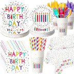 Funnymoom 452 Pcs Happy Birthday Party Decorations Supplies for 50 Guests Birthday Polka Dots Paper Plates Napkins Cups Tablecloth Cutlery for Girls Boys by Funnymoom