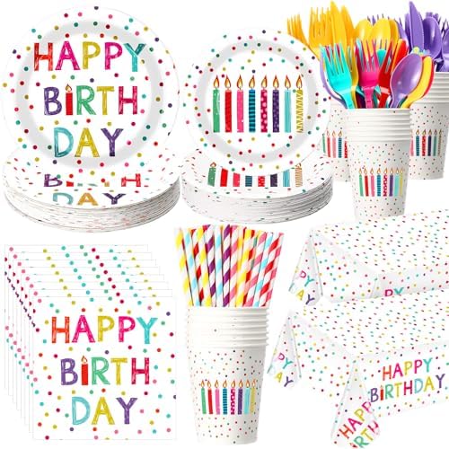 Funnymoom 452 Pcs Happy Birthday Party Decorations Supplies for 50 Guests Birthday Polka Dots Paper Plates Napkins Cups Tablecloth Cutlery for Girls Boys by Funnymoom