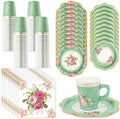 200Pcs Floral Tea Cups and Saucers for Tea Party Supplies, Disposable Tea Cups with Handle and Paper Napkins Dinnerware for Floral Theme Birthday Wedding Bridal Shower Baby Shower(Green) by EggSun