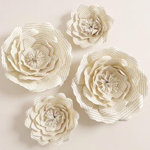 4pcs Large Book Page Paper Flowers Wall Decor Handmade 3D Vintage Literary Style Flowers with Nano Tape 4 Sizes (7"-13") for Wedding Nursery Party Home Set of 4 No Stem by Unknown